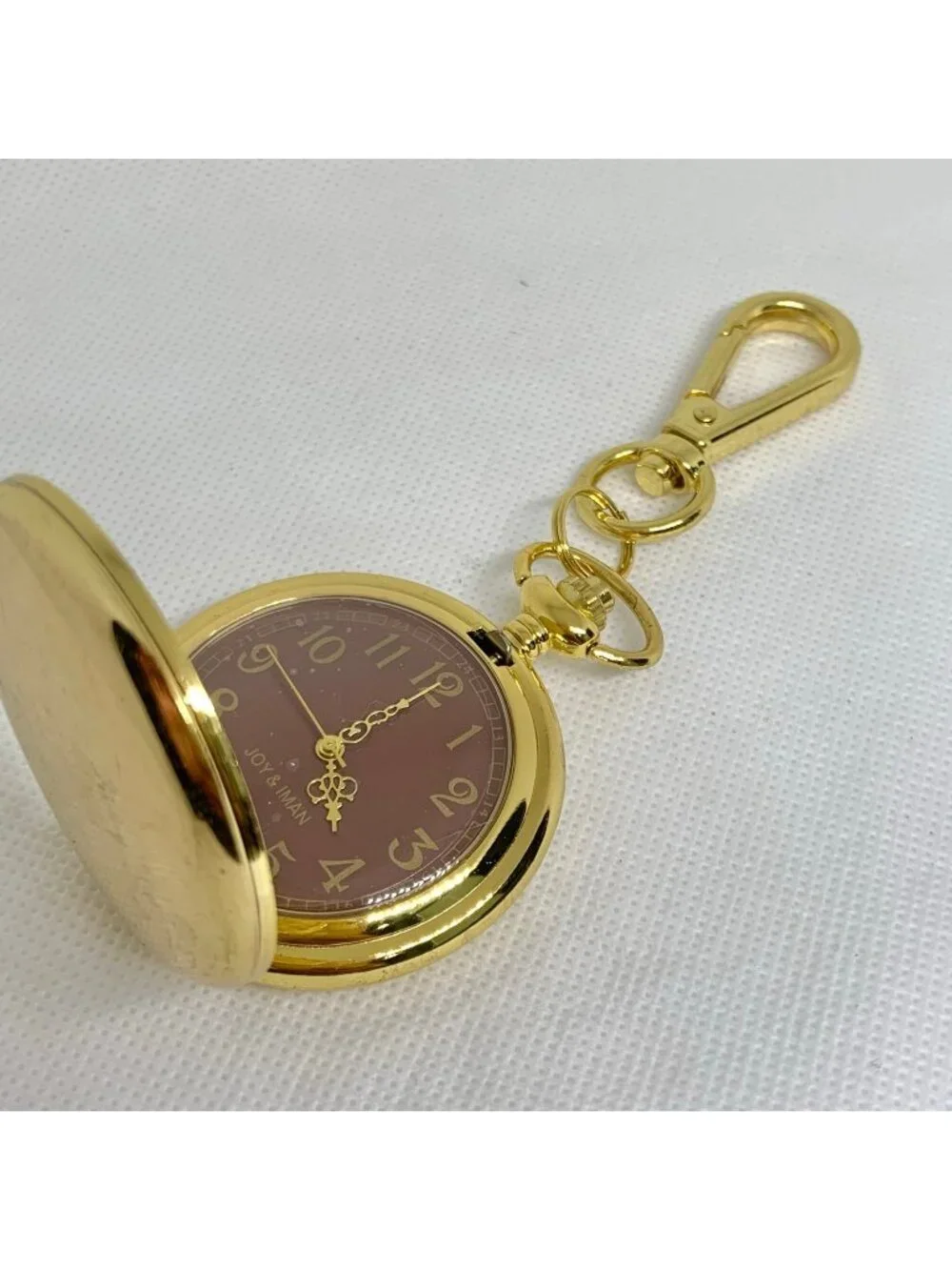 joy & iman Pocket Watch Quartz Clip On Purse Fob Gold Tone brown dial running